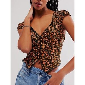 Free People Crop Top Black Orange Floral Lace Trim Corset Whimsigoth Fairy XS